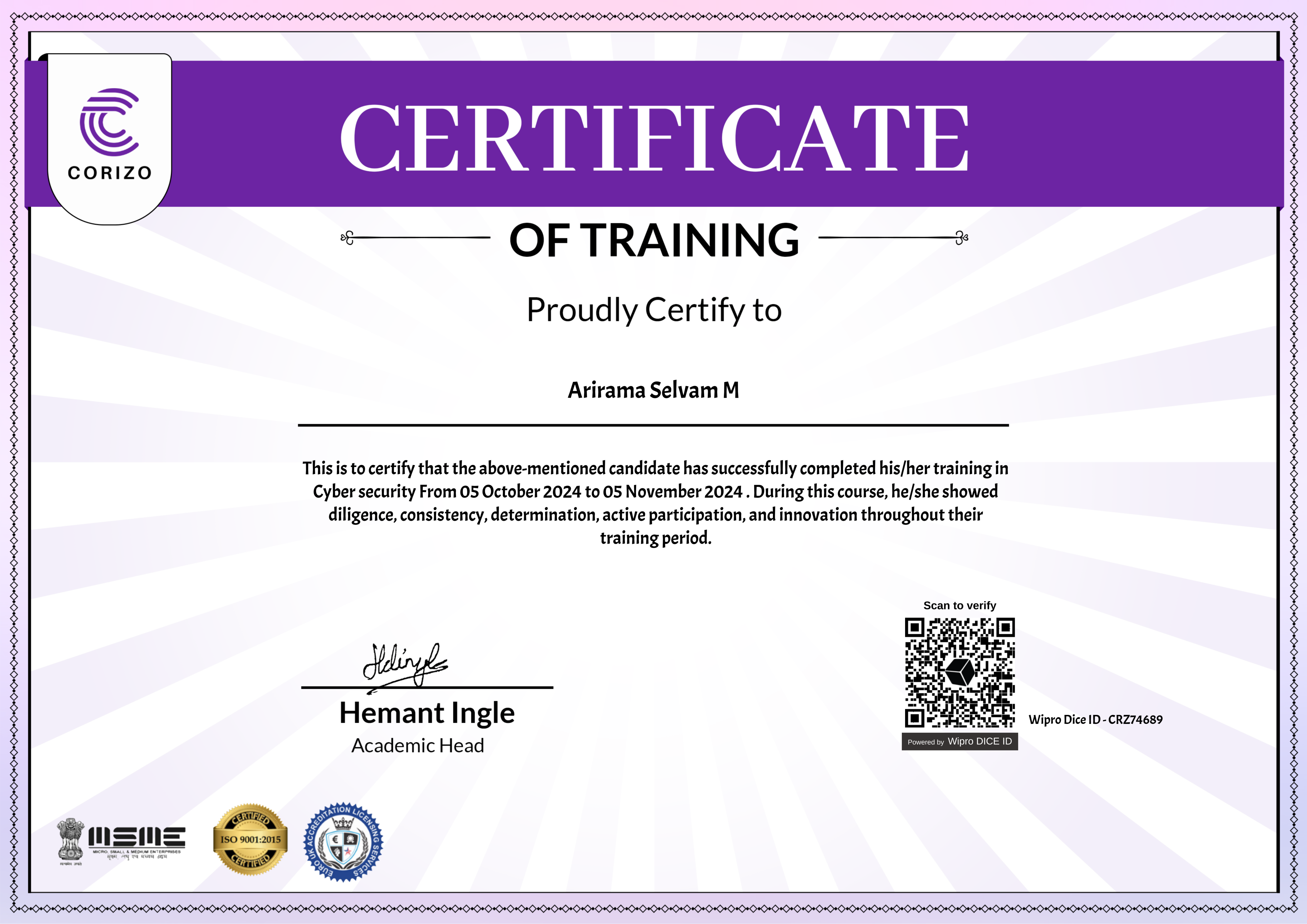 Cybersecurity Certificate Corizo - Arirama Selvam M