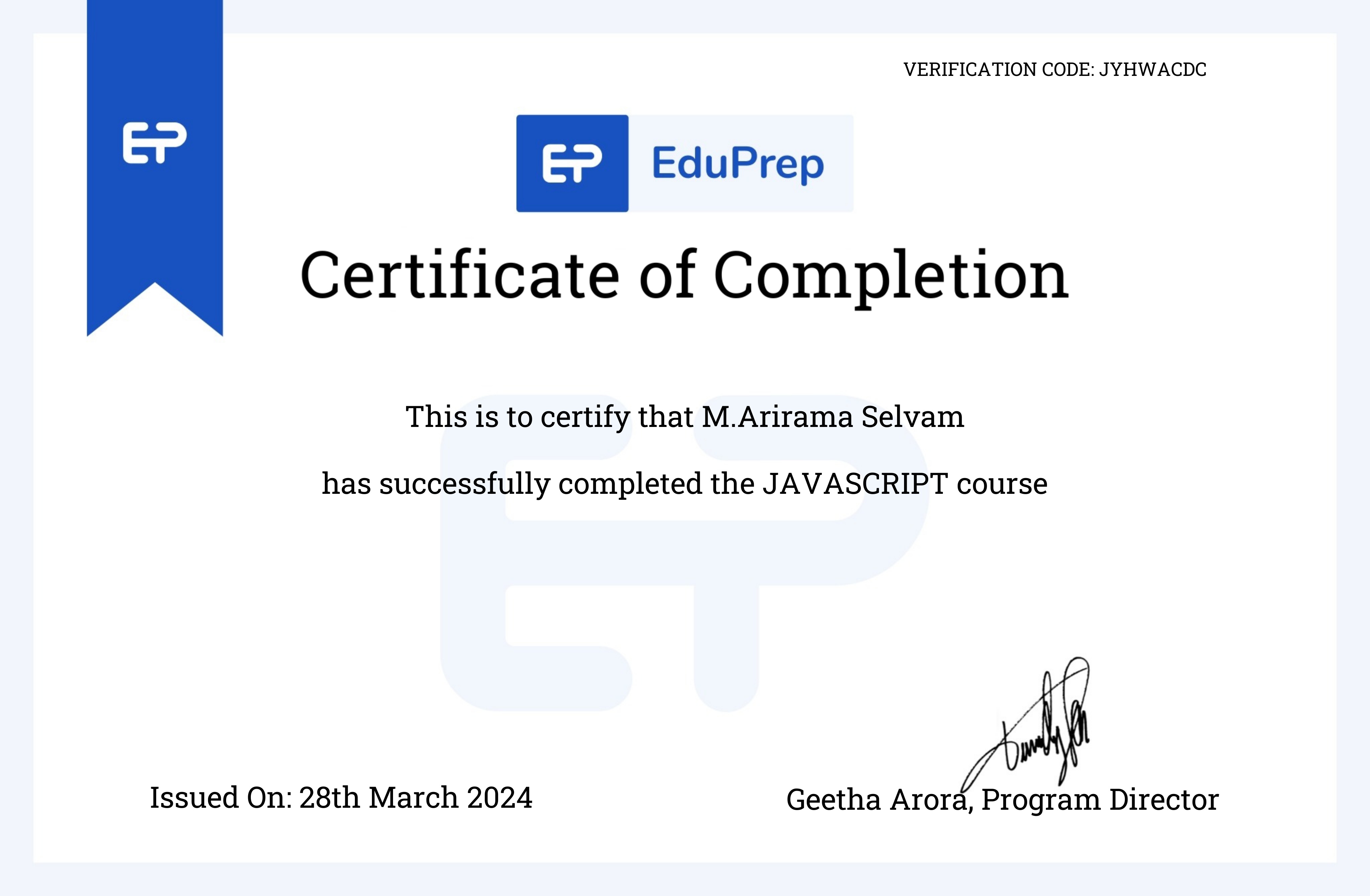 JavaScript Certificate - Arirama Selvam M