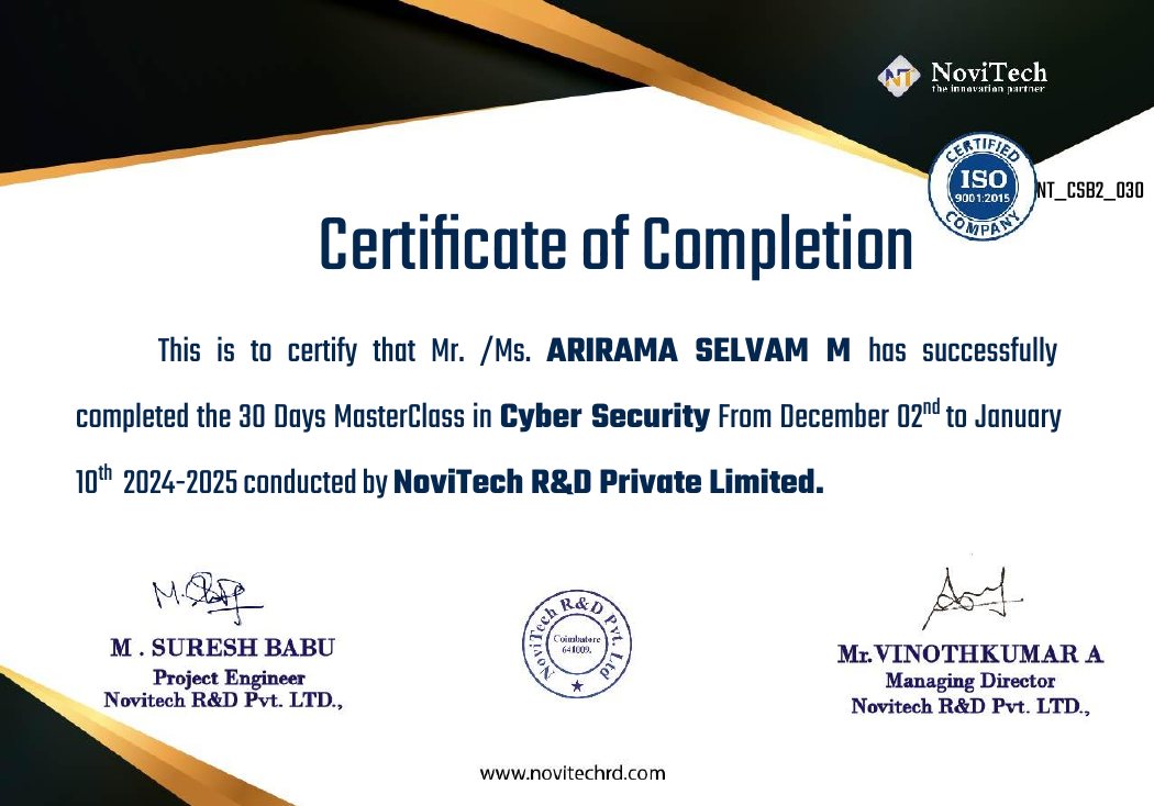 Novitech Cybersecurity Certificate - Arirama Selvam M