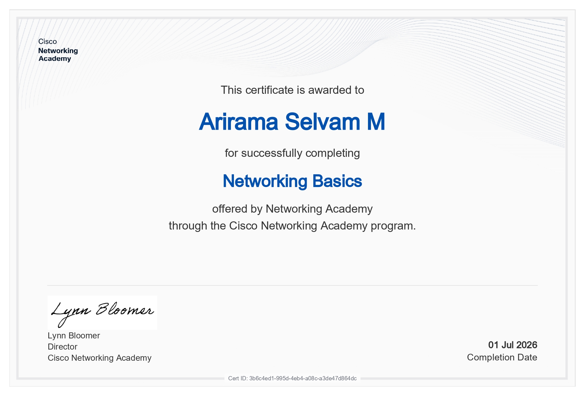  Networking Basic Certificate Cisco - Arirama Selvam M