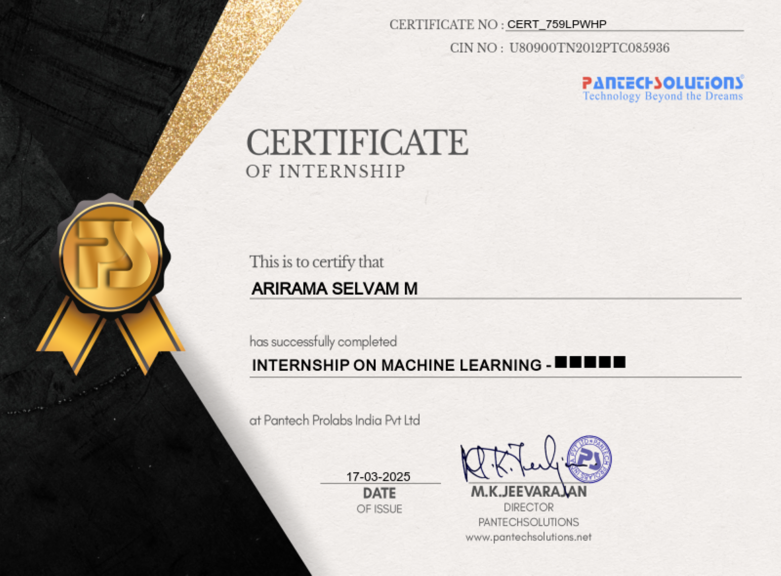 ML Internship Certificate Pantech - Arirama Selvam M